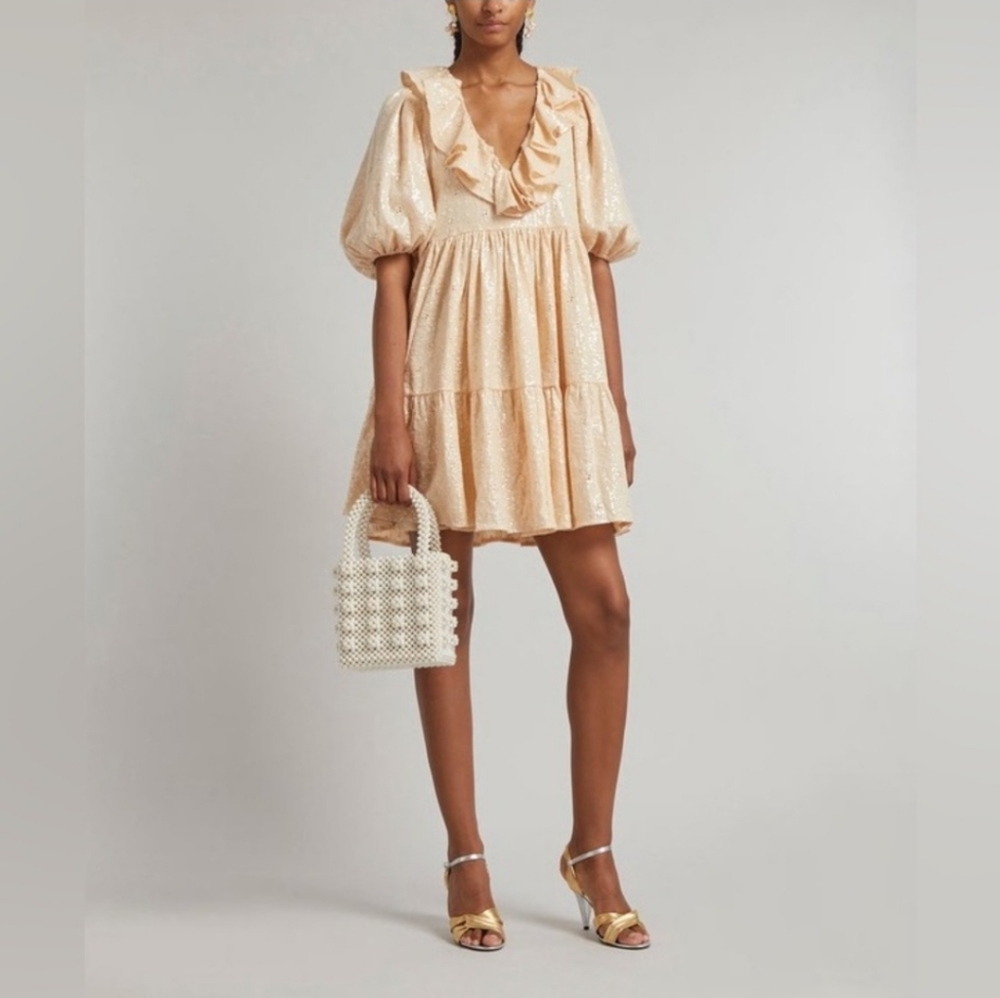 NWT Stine Goya Imperio Peach Sequin Ruffle Puff Sleeve Mini Dress XS - Picture 2 of 8